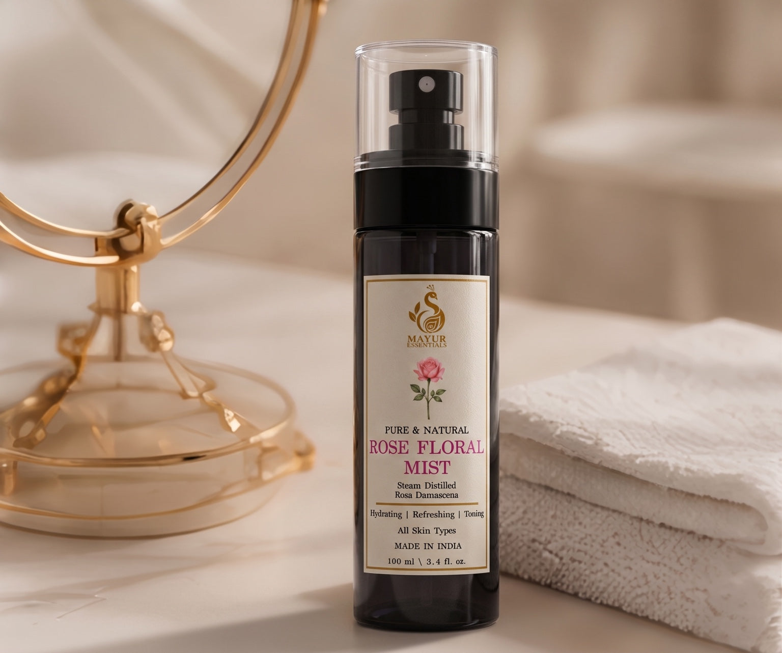 Mayur Essentials Rose Floral Mist on a vanity
